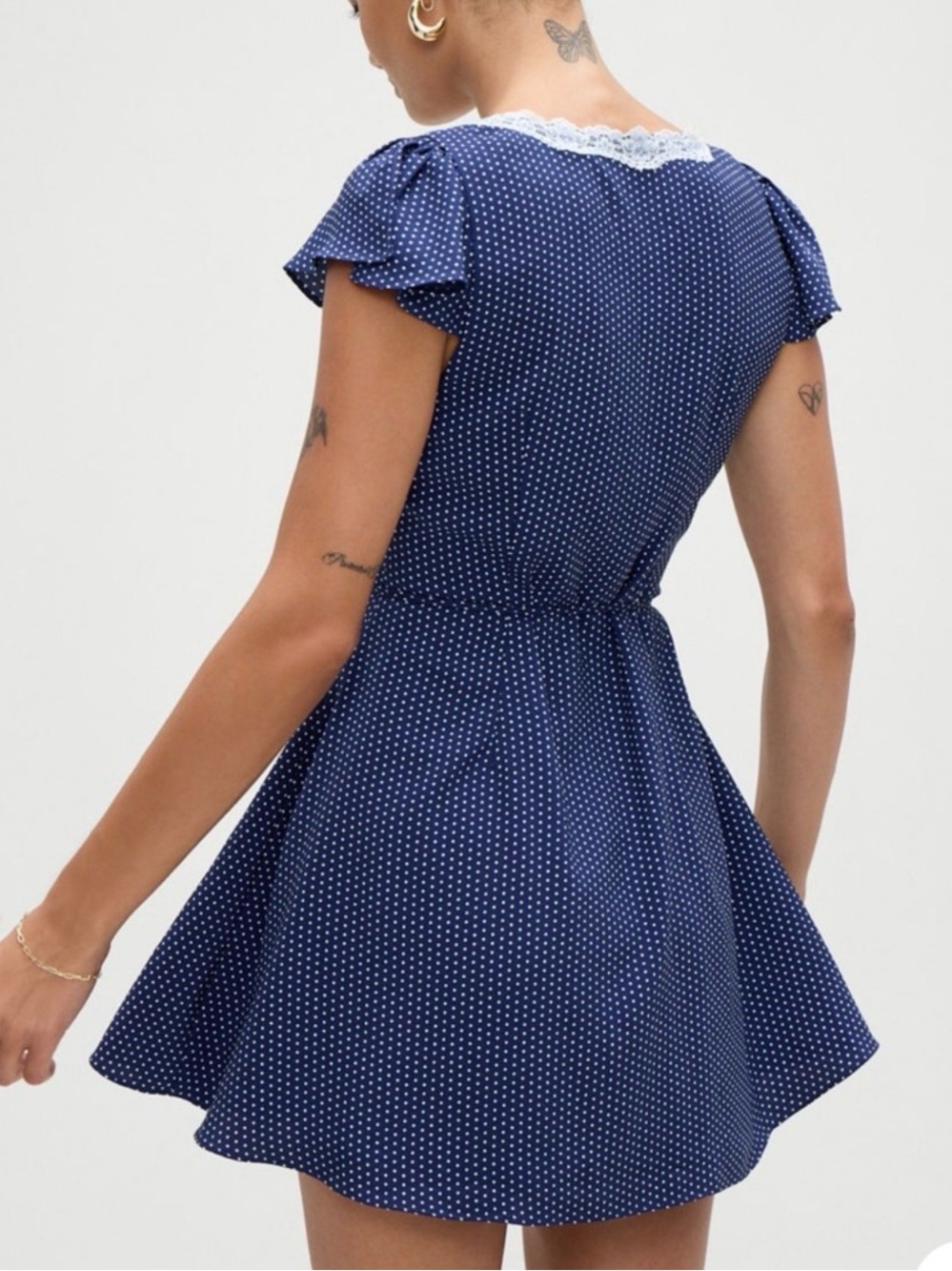 Frankie's Bikinis Navy Polka Dot Wrap Mini Dress with White Lace - Picture 3 of 4